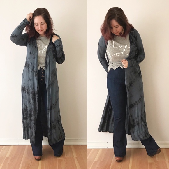 Peach Love California Sweaters - LAST TWO! Tie Dye Long Kimono Duster Cardigan Blue